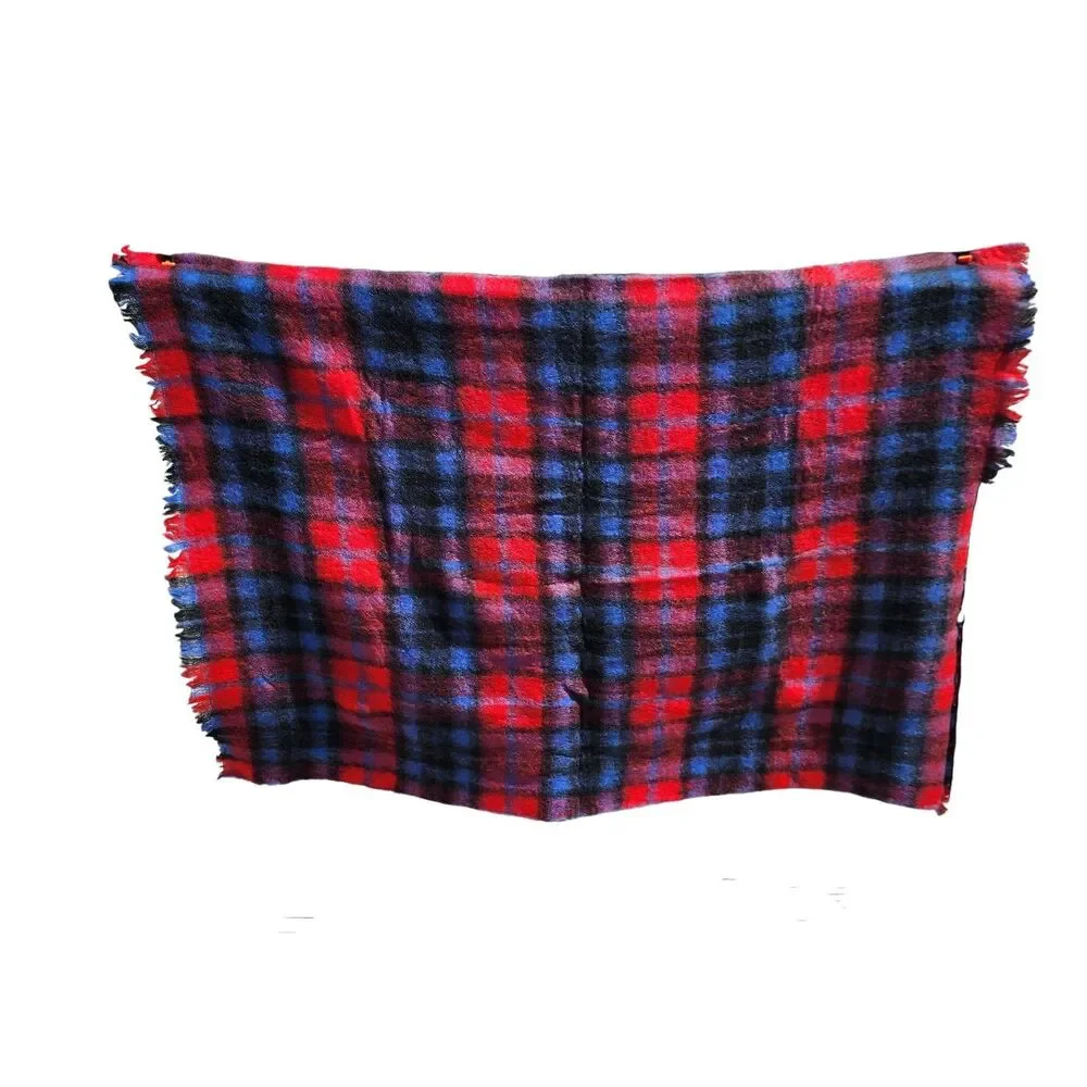 Vintage Montrose 100% Mohair Wool Blanket Red Blue Plaid Scotland 65x45‎